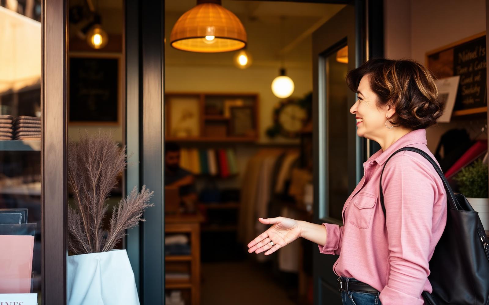 Lojista recebendo uma cliente na porta do seu negócio